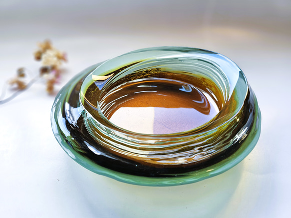 ガラス水盤　花器　積層茶色 