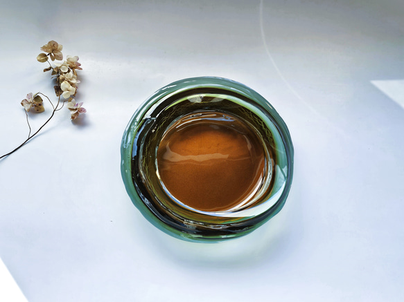 ガラス水盤　花器　積層茶色 