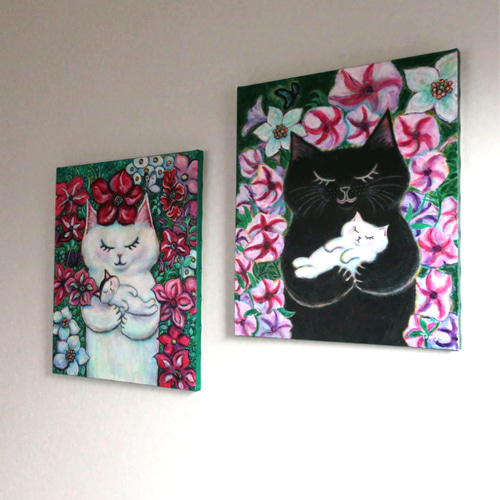 原画「おかっぱの子猫を抱いた白猫」 F10号 #絵画 #ねこ 原画「おかっぱの子猫を抱いた白猫」 F10号 #絵画 #ねこ