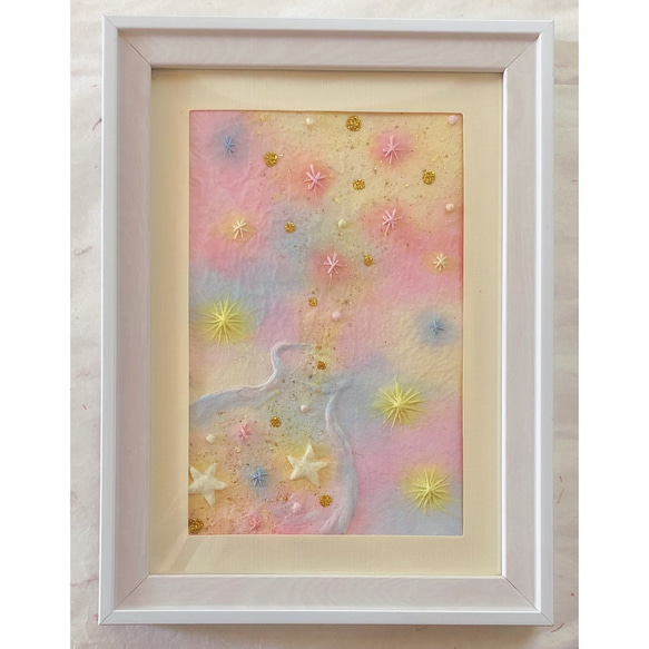 和紙ちぎり絵『ふわふわの木（ホワイトピンク）』葉書サイズ原画