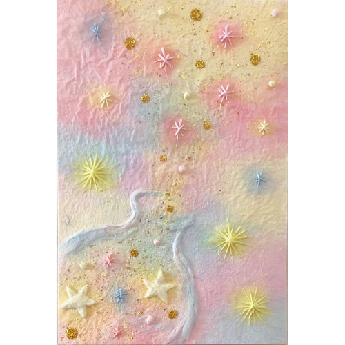 和紙ちぎり絵『たんぽぽとつくし』葉書サイズ原画 （和紙ちぎり