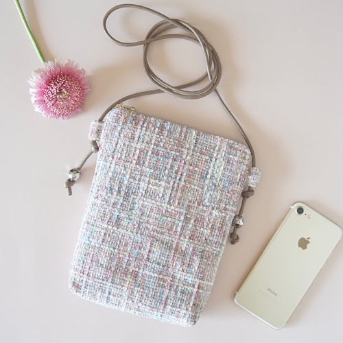 ファンシーツイード・サクラピンク☆スマホショルダー/ポシェット☆EU