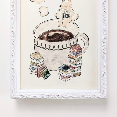 格安即決 2L 猫と本とコーヒー イラスト アートプリント/イラスト複製画 絵画