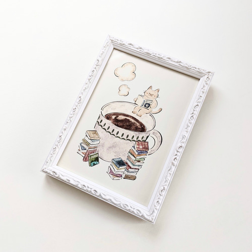 mayu様 ページ ／　藤の絵 コーヒーアート A4 猫と本とコーヒー アートプリント/イラスト複製画 | Cashew fafa
