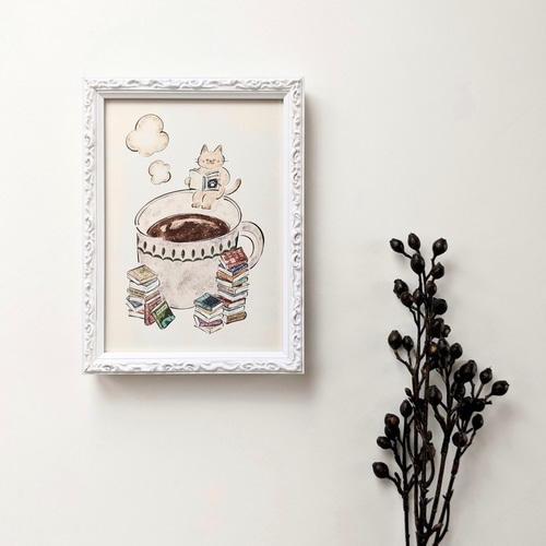 2L 猫と本とコーヒー アートプリント/イラスト複製画 イラスト
