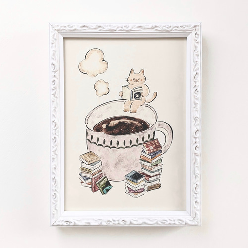 A4 猫とコーヒー アートプリント/イラスト複製画 イラスト