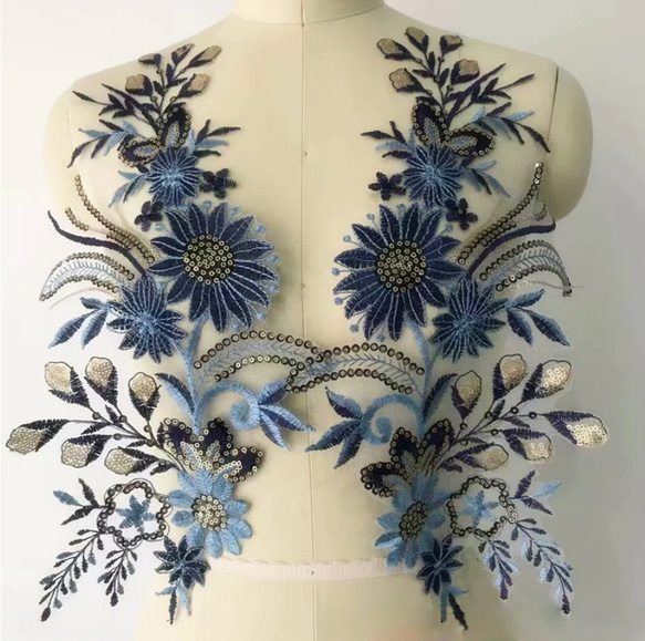 豪華刺繍フラワーモチーフ 2枚組 ブルー 44.5cm*22.5cm レース 豪華刺繍フラワーモチーフ 2枚組 ブルー 44.5cm*22.5cm レース