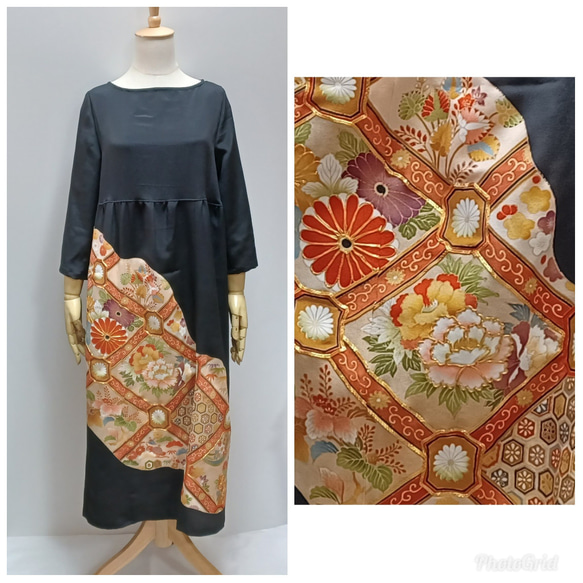 着物リメイク 留袖 花柄 M ウエスト切り替え・七分袖ワンピース