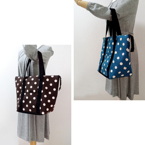 ファスナー付A4対応☆大きめトートバッグ 肩掛け 差し色 ブラウン水玉