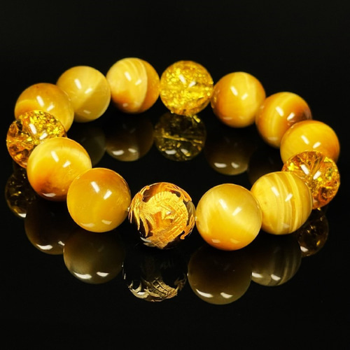 成功を引き寄せる数珠】18ミリ 金彫四神獣 本水晶 ゴールデンタイガー