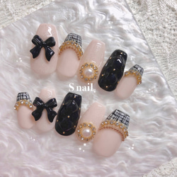 ネイルチップ ピンクベージュ 黒 ツイード キルティング