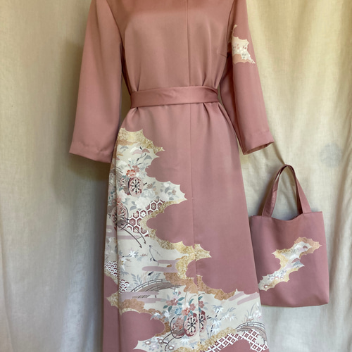 フォーマルドレス 訪問着から着物リメイク 正絹 縮緬 リボン&バッグ  