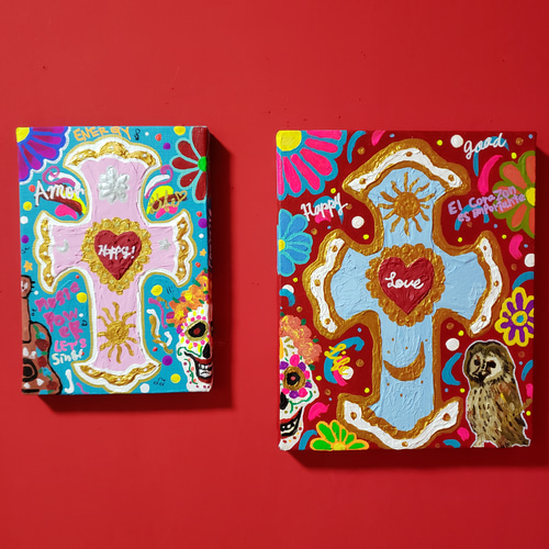 SALE＊】CROSS(BLUE) メキシコ イラスト 絵画 現代アート 十字架