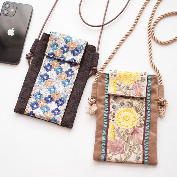sale ! インド刺繍リボンのスマホショルダー・ポシェット・ショルダー 