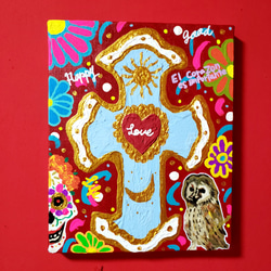 【＊SALE＊】　CROSS(RED) メキシコ イラスト 絵画 現代アート 十字架 ポップ インテリア 1枚目の画像