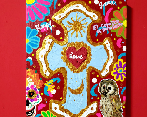 SALE*】 CROSS(RED) メキシコ イラスト 絵画 現代アート 十字架 SALE*】 CROSS(RED) メキシコ イラスト 絵画 現代アート 十字架