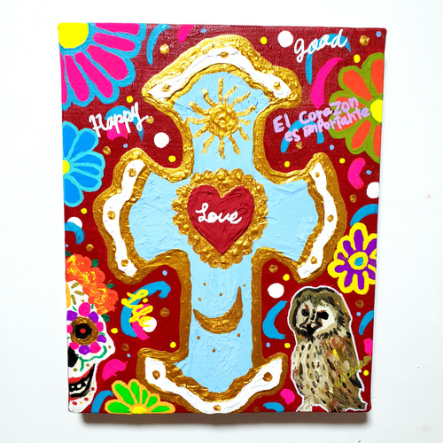 SALE＊】 CROSS(RED) メキシコ イラスト 絵画 現代アート 十字架