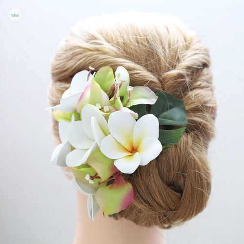 ホワイトプルメリア 髪飾り/ヘアアクセサリー 結婚式 成人式 卒業式 