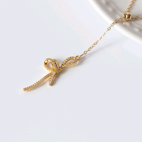 再販】『絆』リボンモチーフY字ロングネックレス【14kgf】金属  