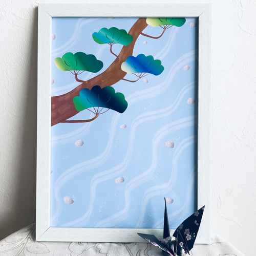 絵画　額入り 額縁付「清流に光る石たち」インテリア絵画ポスター イラスト 星色小箱