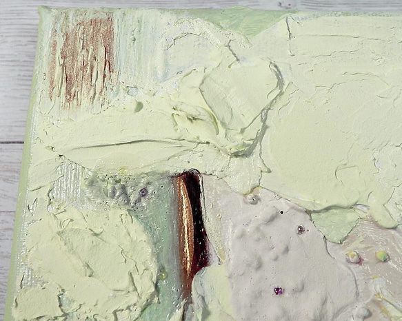 グリーンフロス‒意／アクリル画　18×14㎝　抽象画　texture-art　薄く淡い黄緑色 10枚目の画像