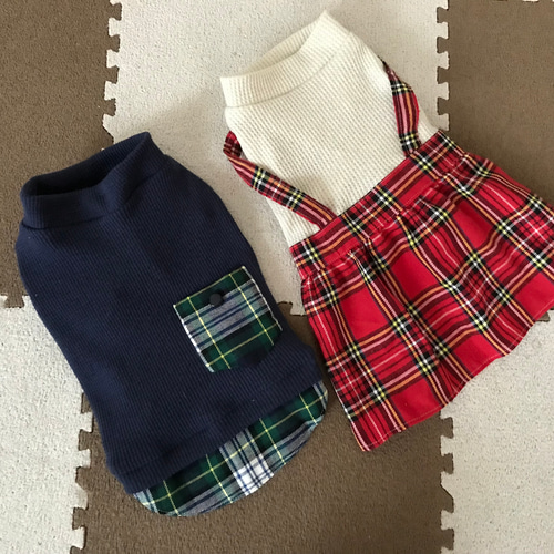 犬服ハンドメイドタータンワンピ