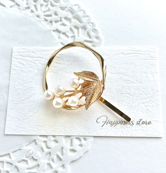 1番人気✨パールリーフとゴールドリング ポニーフック ハンドメイド