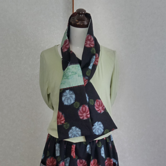 着物リメイク♪ストール付：花模様の久留米絣で作った可愛いスカート：８０ｃｍ丈 9枚目の画像
