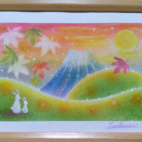 秋のパステルアート 紅葉富士山とお月見うさぎ パステル画原画