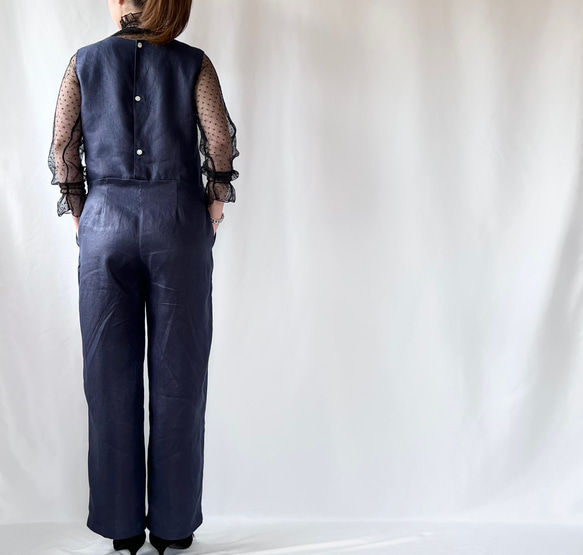 後ろボタンが可愛いくったりリネンのオールインワン】ネイビー キレイ  