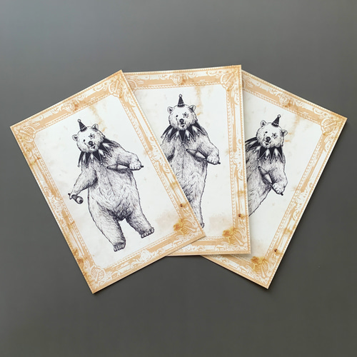 ポストカード 3枚組 - 「どうぶつのサーカス団」シロクマのピエロ【No