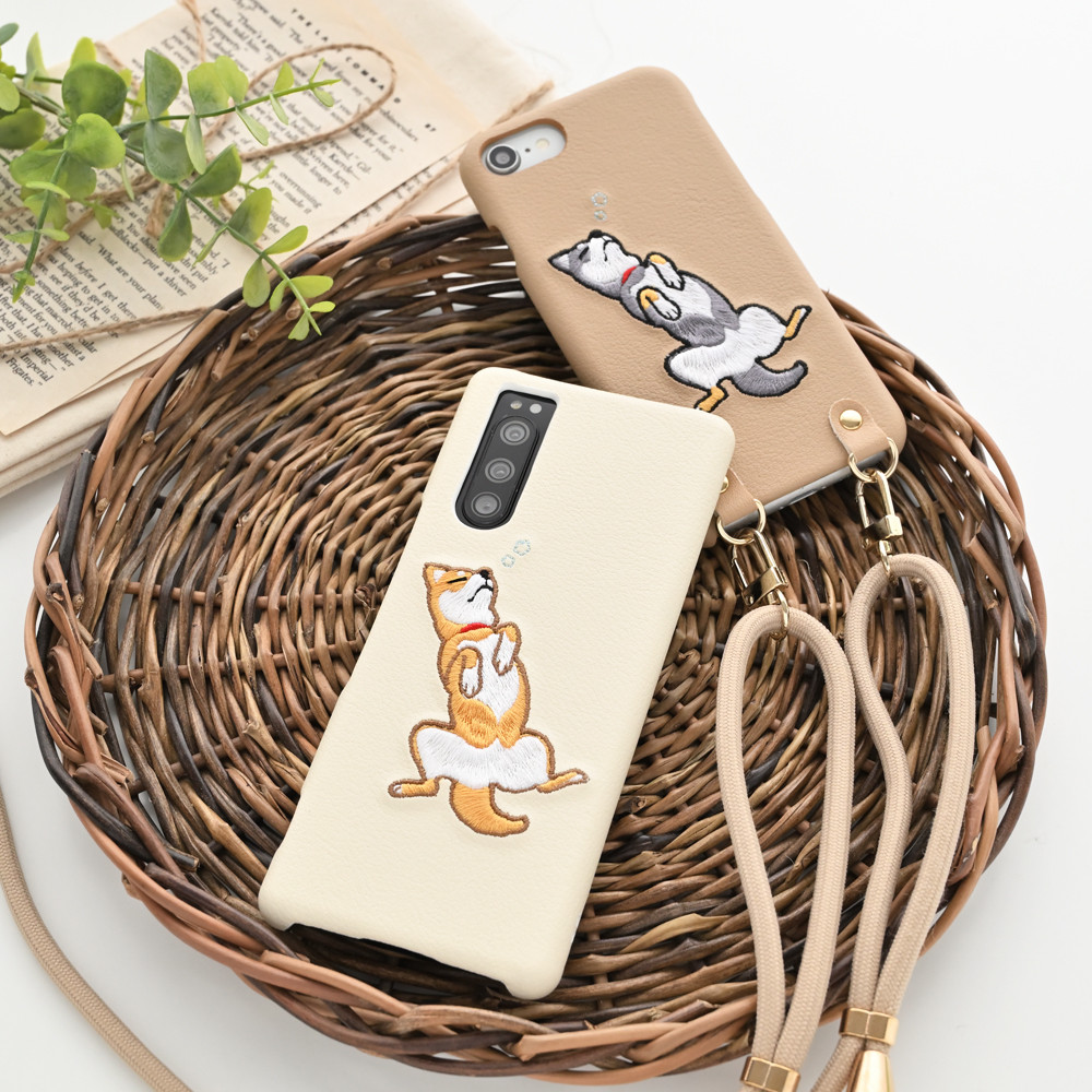スマホケース 多機種対応 【 刺繍 へそ天 柴犬 】 ショルダー