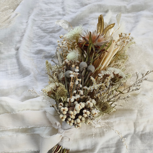 ドライフラワーブライダルブーケ　ネイティブホワイト ドライフラワー ブーケスワッグ ナチュラルホワイト系 L