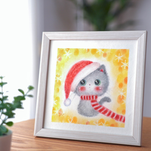 原画】「子猫のサンタさん」 クリスマス パステルアート ネコ