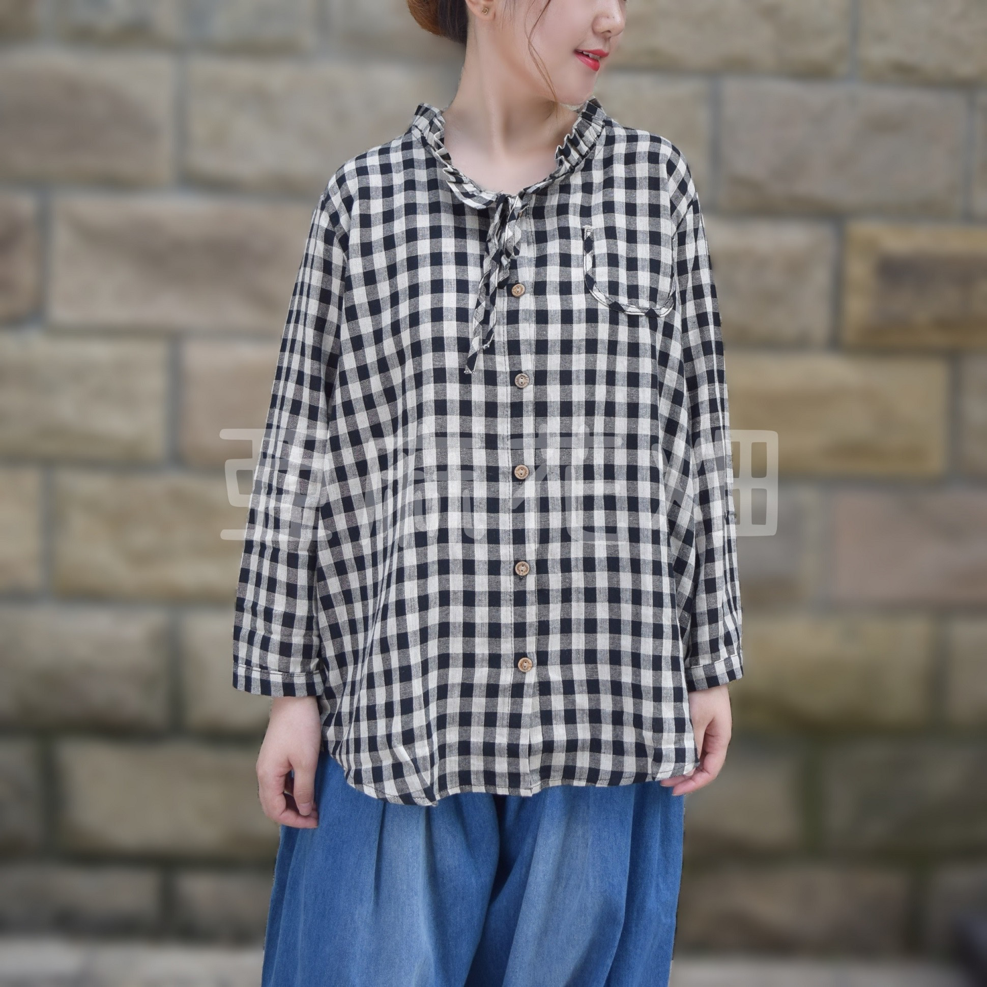 長袖 ギンガムチェック リネン セーラーシャツ ホリデイ 黒 白