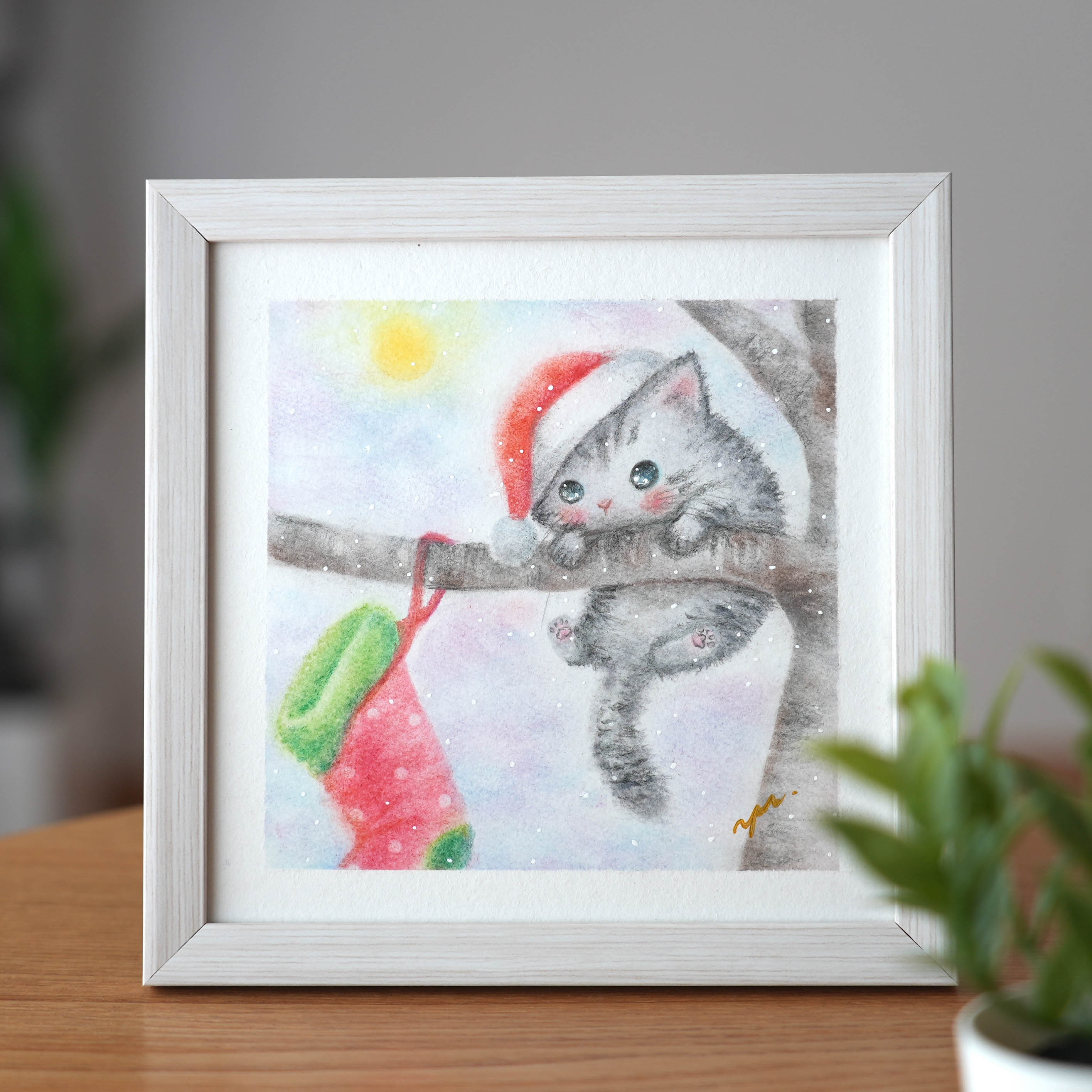 絵画。原画【かわいい猫たちはきれいなクリスマスツリーを飾った】