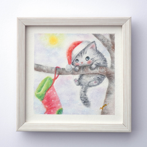 色鉛筆画　パステル　あなたとクリスマスツリーを飾り付け　猫　原画　手描きイラスト 色鉛筆画 パステル あなたとクリスマスツリーを飾り付け 猫 原画