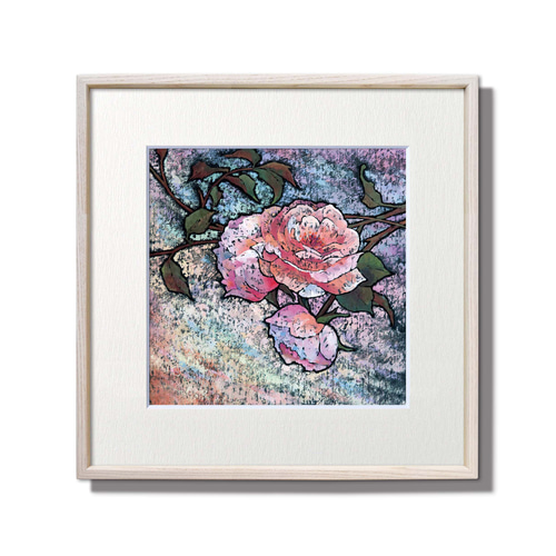 バラのささやき　額縁付き　透明水彩画 バラ色の朝 」透明水彩原画 F3サイズ 一点物 額付き 豪華な