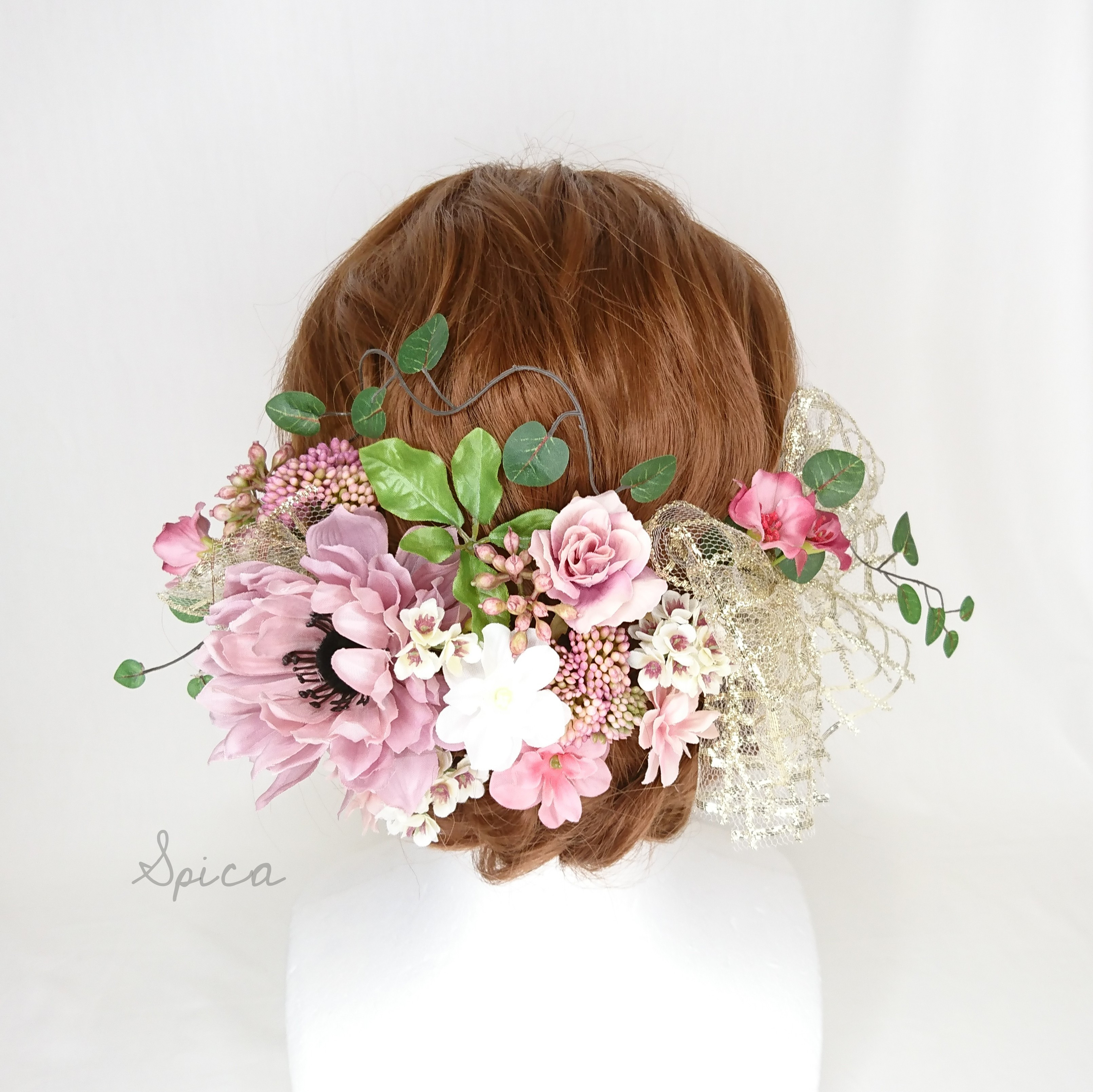 【一点限定】アネモネとグリーンと紫陽花のヘッドドレス ウエディング 成人式 バラ ローズ ピンク リーフ 春 かわいい