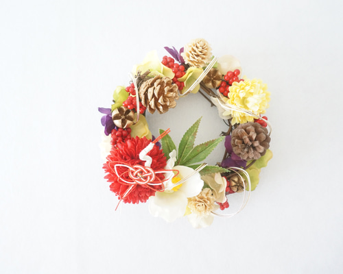 Creema限定・1点物】松と菊の色彩豊かなお正月リース しめ縄・しめ飾り