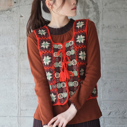 手編みの温もり♡フラワークロシェ3WAYウールベスト（22w-06）レッド  