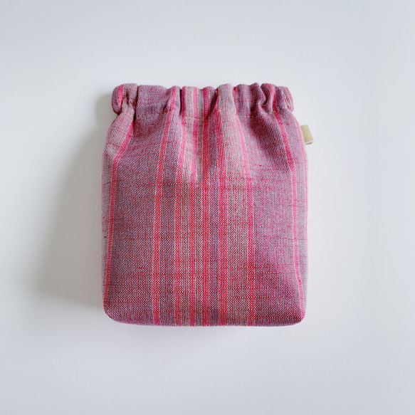 会津木綿のふかふかバネポーチ(限定ピンク縞) 1枚目の画像