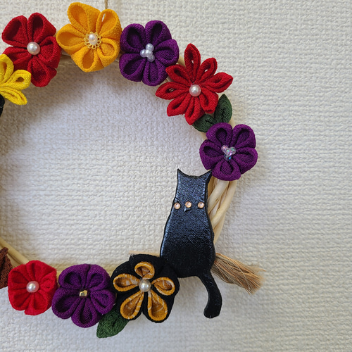 ハロウィンリース　フラワーリース　黒猫さん　ハンドメイド ハロウィン 3つセット リース ハンドメイド 黒猫 クロネコ