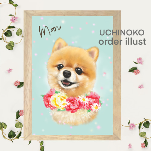 ペット似顔絵 お花の首飾り オーダーメイド イラスト 犬 猫 2L