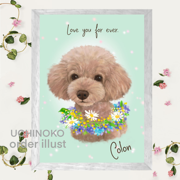 ペット似顔絵　お花の首飾り　オーダーメイド　メモリアル　イラスト　犬　猫　うちの子　2Lサイズ  UCHINOKO 4枚目の画像