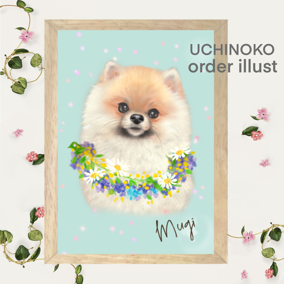 ペット似顔絵　お花の首飾り　オーダーメイド　メモリアル　イラスト　犬　猫　うちの子　2Lサイズ  UCHINOKO 2枚目の画像