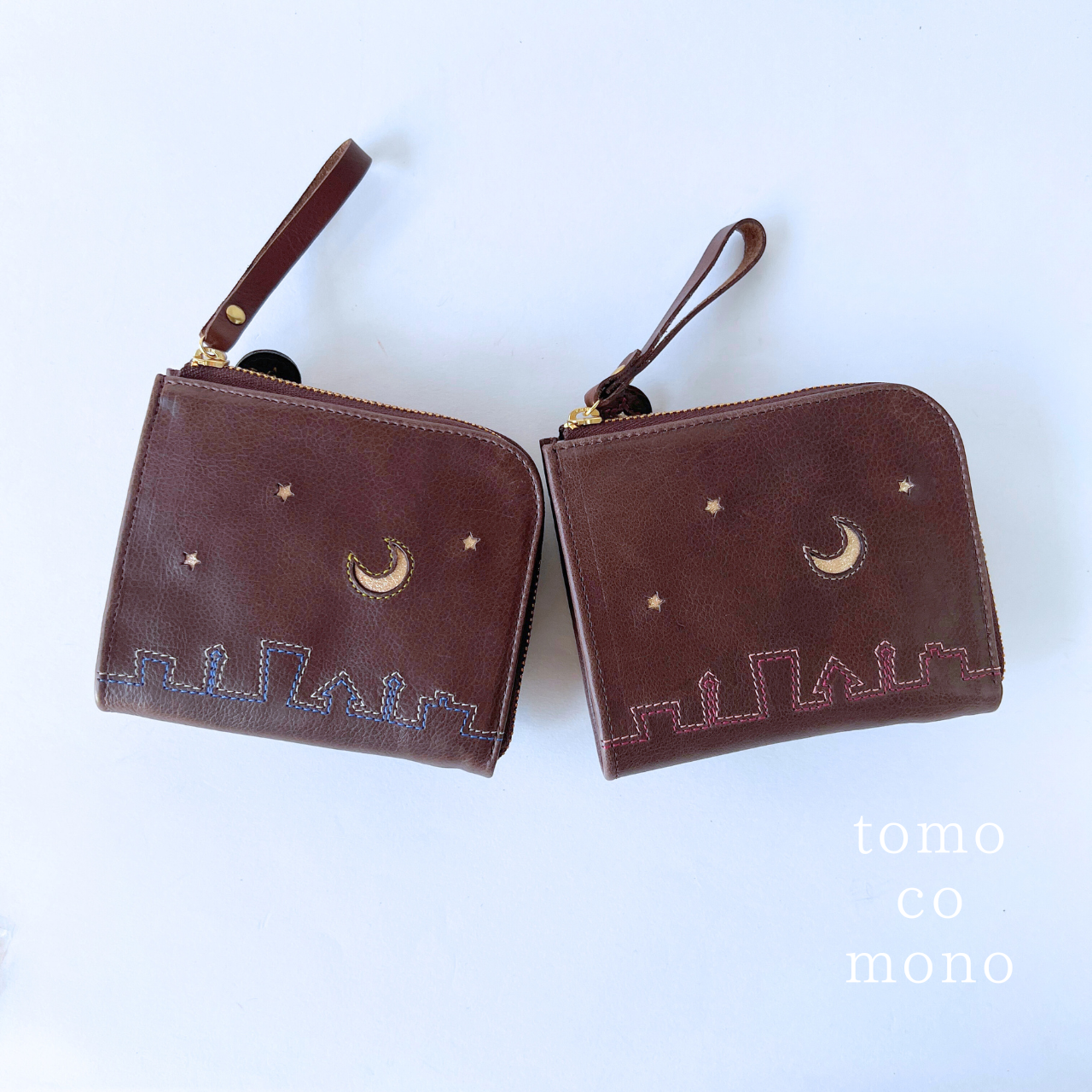 刺繍革財布『街』Dark -Brown（牛革）コンパクト型二つ折り財布