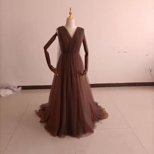 ブラウンカラードレス Vネックドレス 【ロケ撮】 【前撮り 】 チュール  