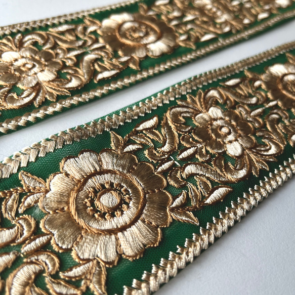 【50cm】インド刺繍リボン　グリーンxベージュ　チュール　GN459 2枚目の画像