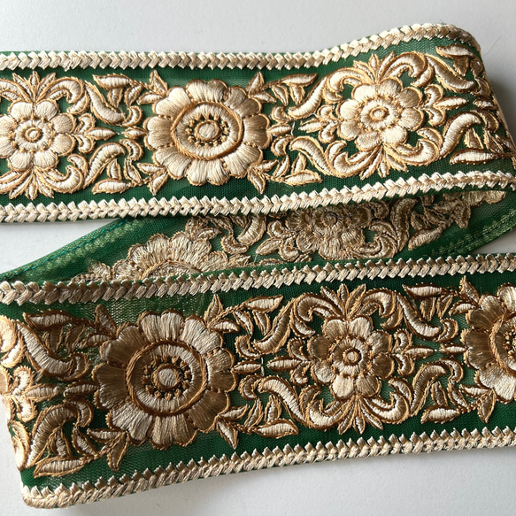 【50cm】インド刺繍リボン　グリーンxベージュ　チュール　GN459 5枚目の画像